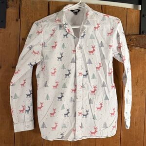 White Shirt with Red and blue and green Reindeer Print